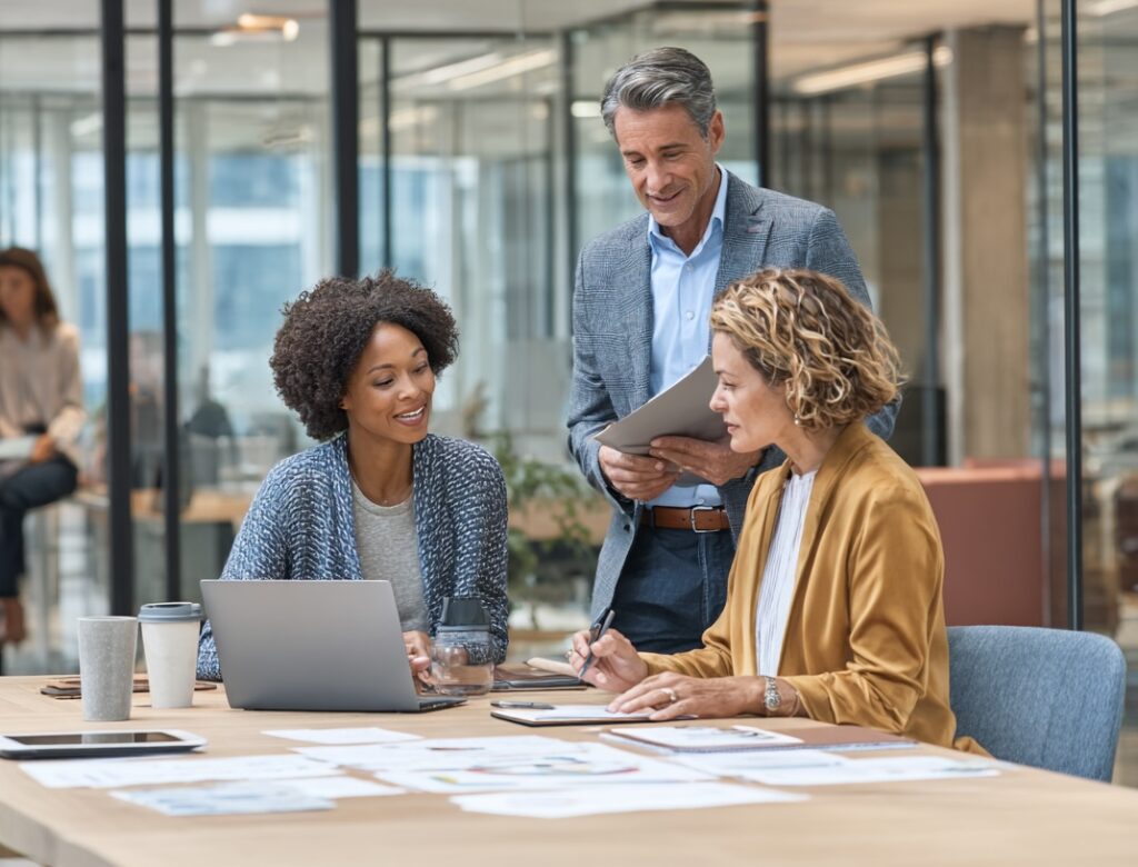Diverse team working at a conference table